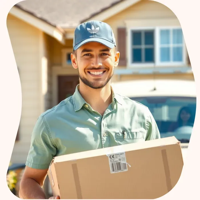 Two removalists moving boxes up stairs