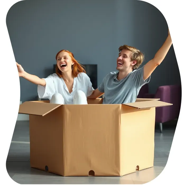 Two guys sitting on the floor of their apartment with Muval moving boxes